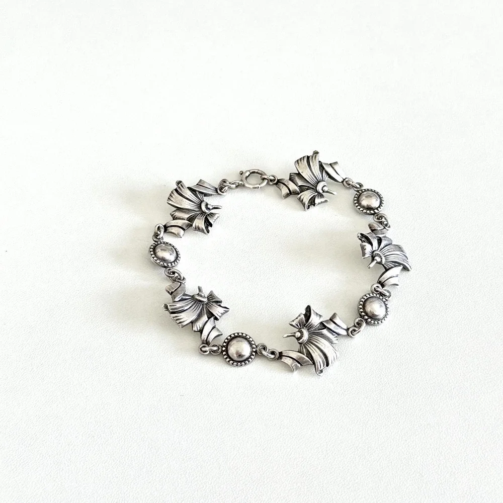 Vintage 925 Sterling Silver Floral Ribbon Design Unique Chain Link Bracelet 7.5